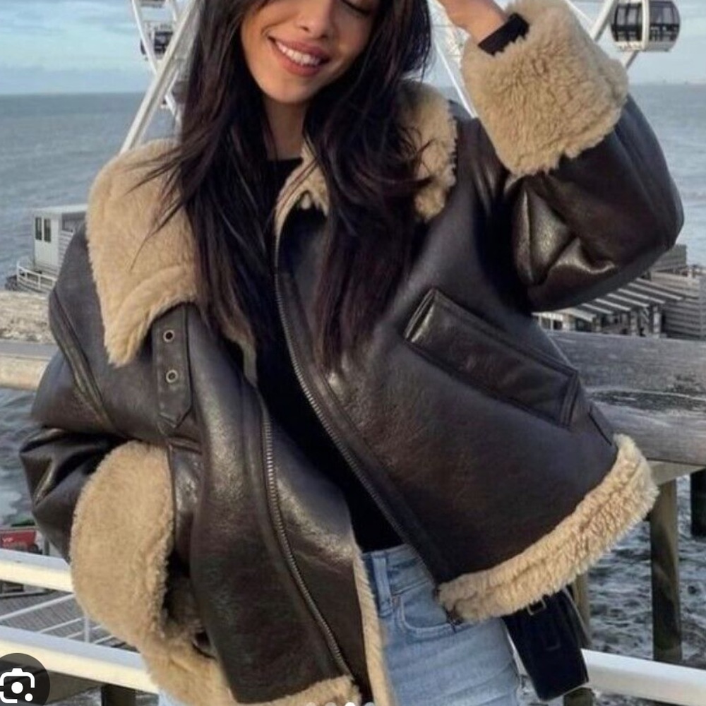 Brown Zara leather fur jacket